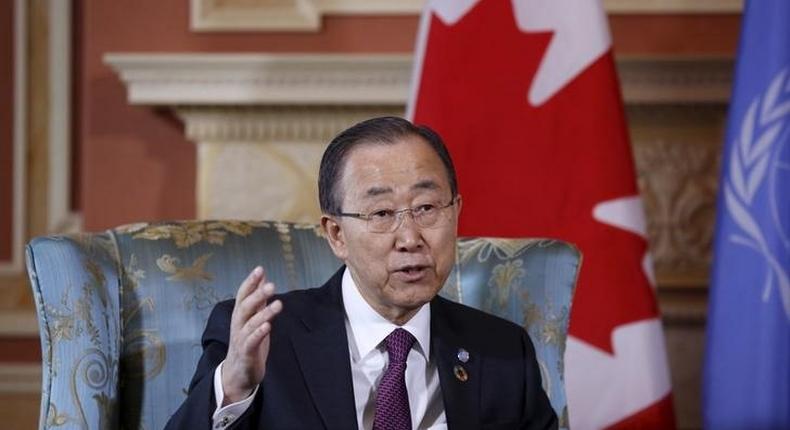 United Nations Secretary-General Ban Ki-moon speaks during a meeting with Canada's Governor General David Johnston (not pictured) at Rideau Hall in Ottawa, Canada, February 12, 2016. REUTERS/Chris Wattie