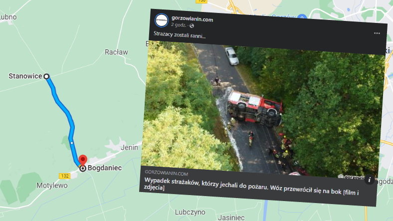 Wypadek straży pożarnej w drodze na akcję (screen: Facebook/Gorzowianin.com)