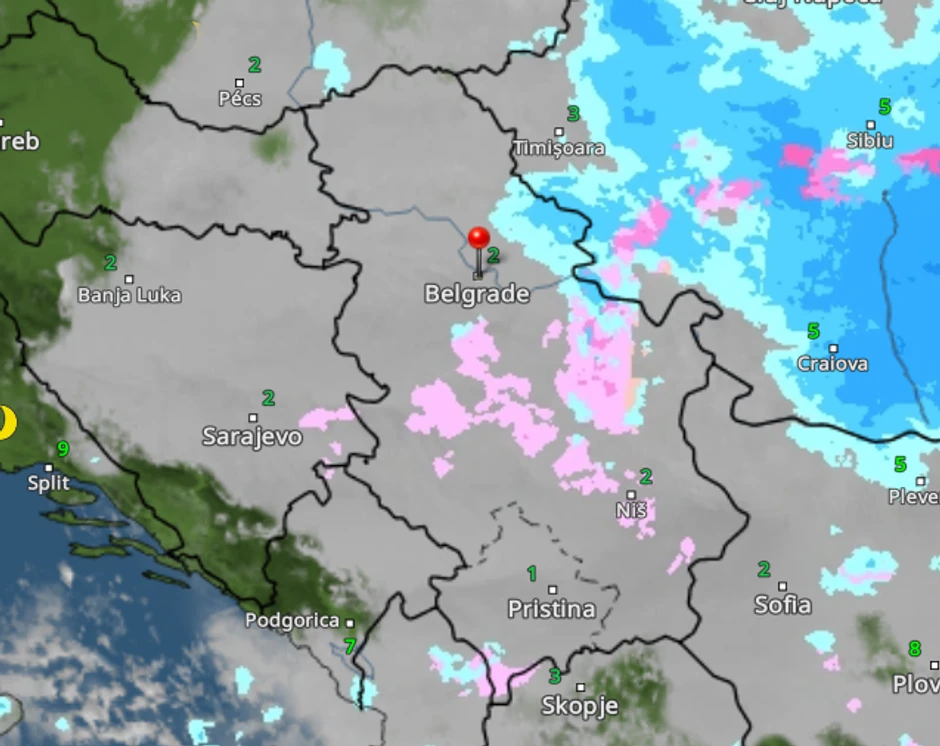 Kretanje padavina u Srbiji u subotu u 22 časa