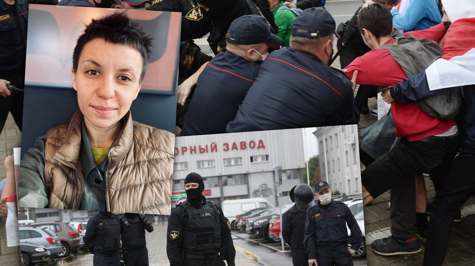 Ksenia Tyrsikowa. W tle funkcjonariusze białoruskiego OMON-u i przepychanki w czasie demonstracji w Mińsku w 2020 r.