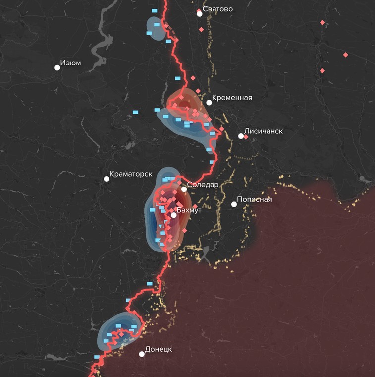 Front donbaski. Cztery zgrupowania wojsk ukraińskich (kolor niebieski). Od góry: Swatowe-Izium; Kreminna-Łysyczańsk; Bachmut-Soledar; Donieck.