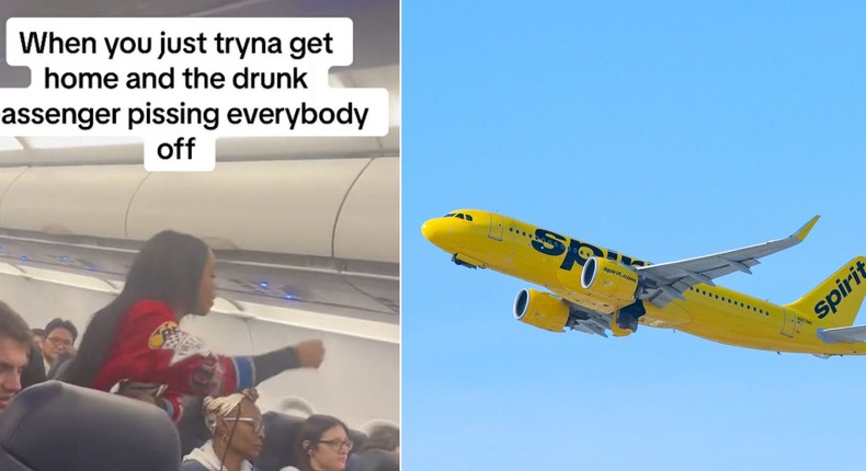 A passenger was said to be visibly intoxicated on a Spirit Airlines flight.Screenshot/TikTok; AaronP/Bauer-Griffin/Getty Images Images