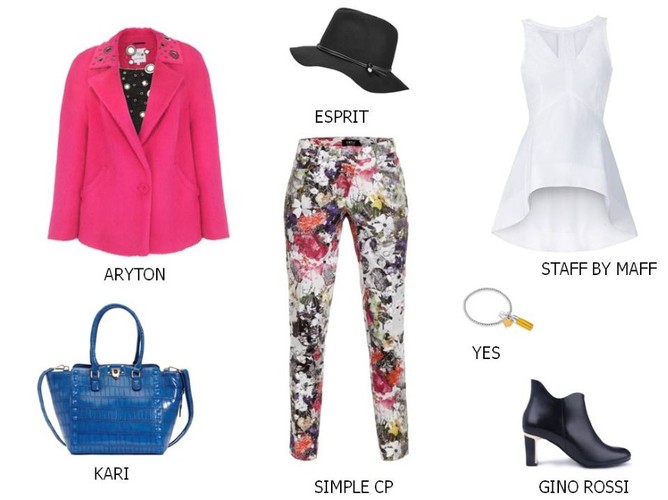 Marynarka Aryton: wzór; Torebka Kari: 129,00 pln; Kapelusz Esprit: 149,00 pln; Spodnie Simple CP: 379,90 pln; Bluzka Staff by Maff: 149,90 pln; Bransoletka YES: 229,00 pln; Buty Gino Rossi: 479,90 pln