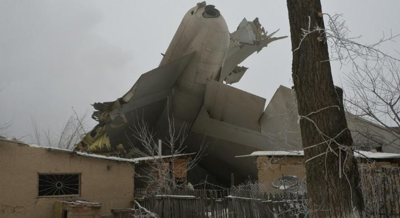 The wreckage of a Turkish cargo plane is seen after it crashed in the village of Dacha-Suu outside Bishkek, Kyrgyzstan, on January 16, 2017