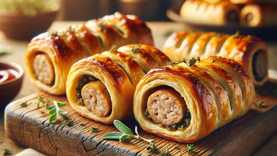 An AI-generated image of perfectly flaky, juicy, homemade sausage rolls