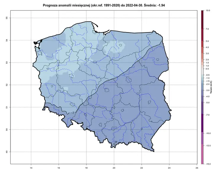 Prognoza odchylenia temperatury od normy w kwietniu w Polsce (mapa: IMGW/meteomodel.pl)