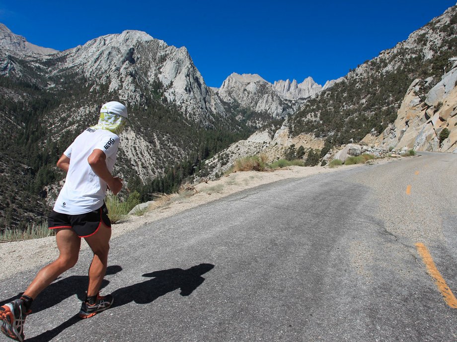 A runner in the middle of the Badwater Ultramarathon, a 135-mile run through Death Valley.