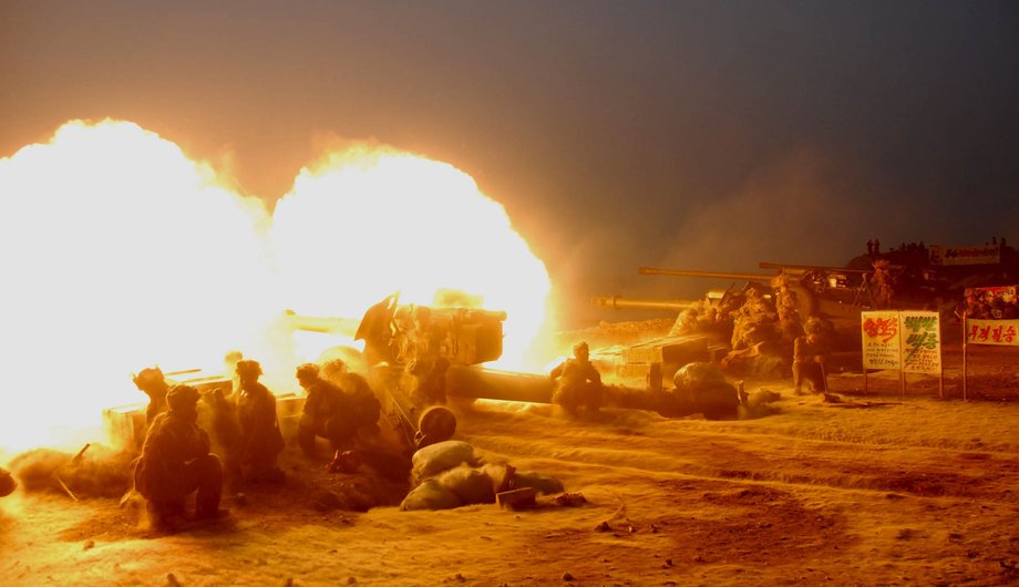 Korean People's Army artillery troops conduct a live firing exercise, nobody knows where though.