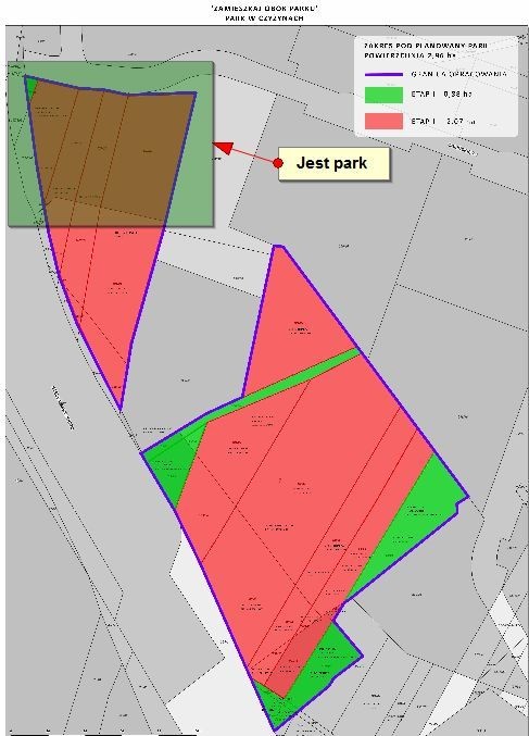 Kolorem zielonym i czerwonym zaznaczono teren przyszłego parku