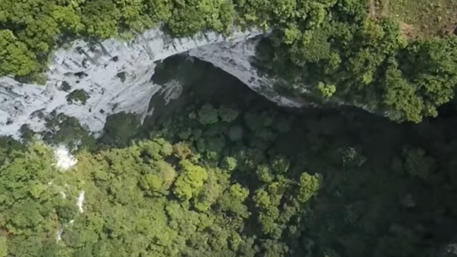 W Chinach odkryto gigantyczne zapadlisko z własnym lasem, fot. YouTube/Globalink