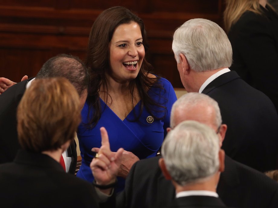 Republican Rep. Elise Stefanik, the youngest woman ever elected to Congress, speaks with other members in January 2015.