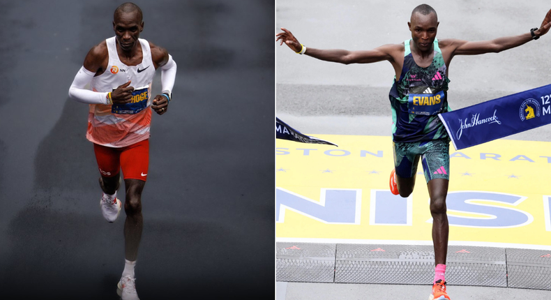 A collage of Eliud Kipchoge and Evans Chebet at the 2023 Boston Marathon on April 17, 2023