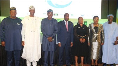 L-R: Permanent Secretary, Lagos State Office of Environmental Services, Mr Omobolaji Gaji; Chief of Staff, Mr Tayo Ayinde; Head of Service, Mr Hakeem Muri-Okunola; Deputy Governor, Dr Obafemi Hamzat; Executive Secretary, Lagos State Water Regulatory Commission, Mrs Funke Adepoju; Permanent Secretary, Federal Ministry of Water Resources, Mrs Didi Walson-Jack and Member of the Governor Advisory Council, Cardinal James Odumbaku
