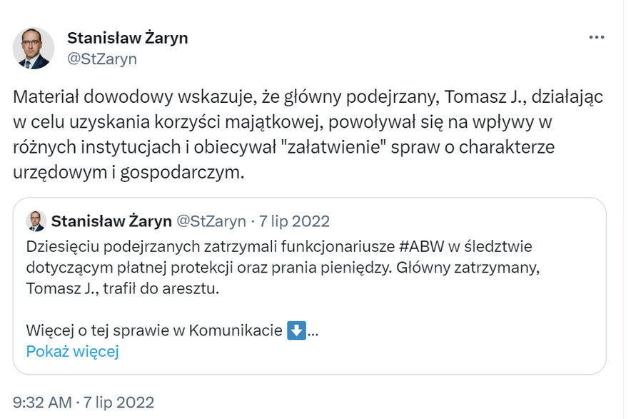 O zatrzymaniu Tomasza J. na Twitterze informował rzecznik koordynatora ds. służb specjalnych Stanisław Żaryn.