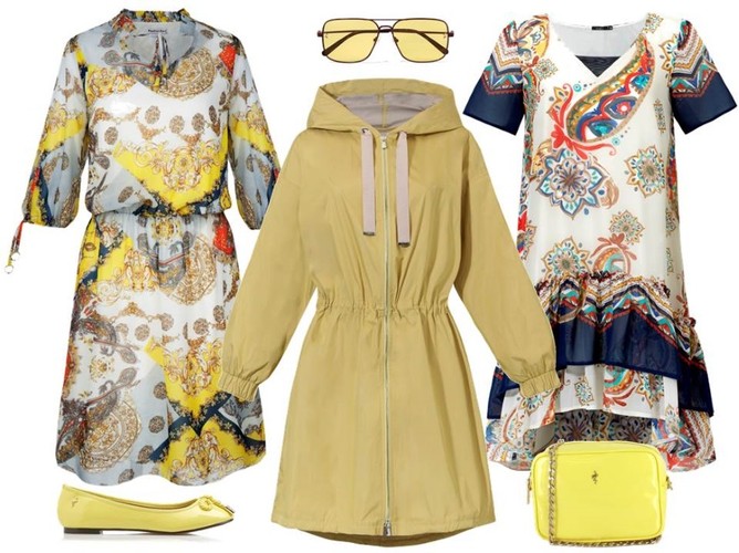 Żółty - kolor wiosny 2019. STYLIZACJA: wzorzysta sukienka z rękawkiem 3/4 – Modern Line/modernline.pl, kurtka - Cotton Club/cottonclub.pl, wzorzysta sukienka z krótkim rękawkiem - Trynite/trynite.pl, baletki, torebka - Menbur/menbur.pl, okulary - TK Maxx