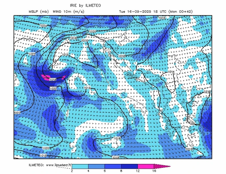 Mapa padavina za utorak, 16. septembar