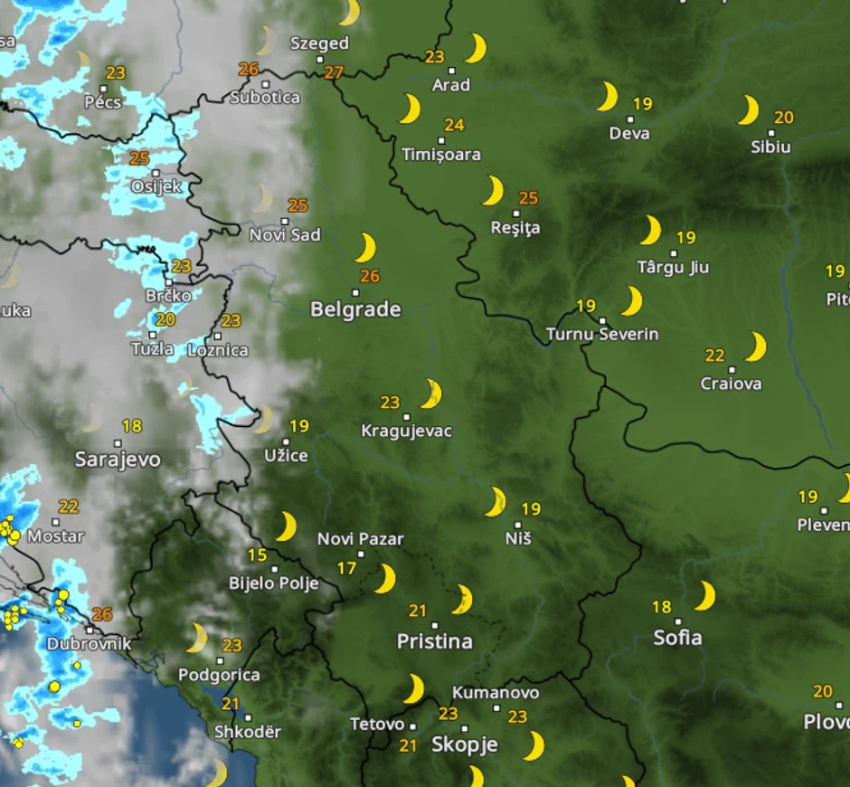 Kretanje nevremena u ponoć 29. avgusta