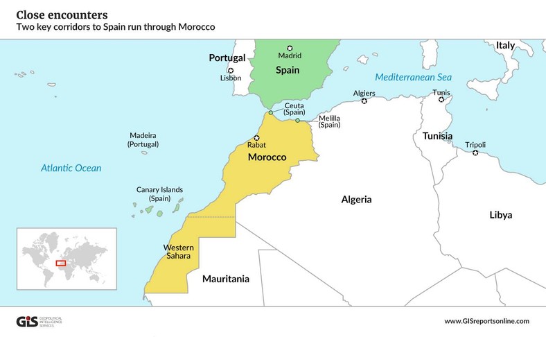 Ceuta na mapie Afryki Płn. i Europy