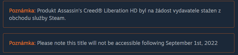 Oznámenie o neprístupnosti hry Assassin’s Creed: Liberation HD v obchode Steam.