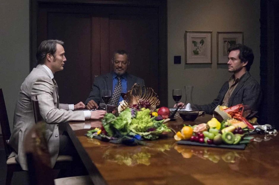 Mads Mikelsen (Hanibal Lekter), Lorens Fišbern (Džek kroford) i Hju Dansi (Vil Grejam)