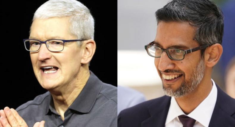 Google pays Apple a whopping 36% of search revenue it gets when people use Safari, an Alphabet attorney divulged in court. Tim Cook and Apple are apparently raking it in from Sundar Pichai and Google.Justin Sullivan / Nathan Howard/ Getty