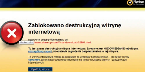 Zablokowana niebezpieczna strona. Infekcja w trybie drive-by-download: Norton Internet Security zatrzymuje ukrytego na stronie internetowej trojana, który próbuje przedostać się na komputer