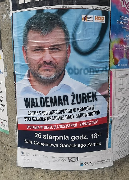 Plakat zapowiadający spotkanie z sędzią Waldemarem Żurkiem w Sanoku, sierpień 2021 r. 