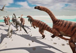 Umetnička rekonstrukcija predstavlja krdo prosauropoda kako se kreće preko blatnjave ravnice tokom oseke. Manji otisci ukazuju na to da su se u krdu bili i mladuci | Foto: Illustrazione di Fabio Manucci, Arch. PaleoStelvio