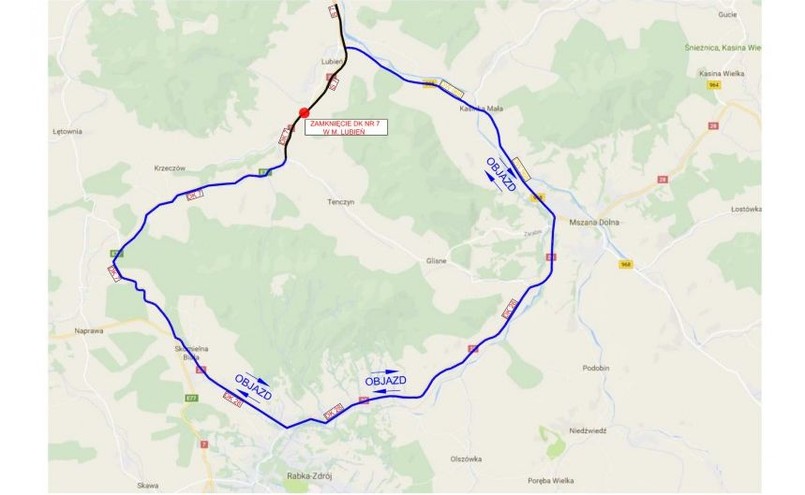 Zakopianka zamknięta w Lubniu, objazd przez Mszanę Dolną