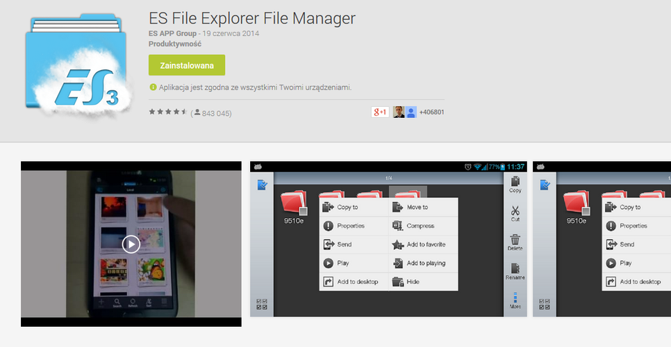 <b>ES File Explorer</b>
<br><br>
Jeden z najlepszych i najbardziej intuicyjnych managerów plików na urządzenia z systemem Android. ES File Explorer umożliwia podłączenie konta z plikami znajdującymi się na popularnych serwisach chmurowych, takich jak Dropbox czy też Google Drive. Przydatny może okazać się również wbudowany edytor tekstu oraz manager zadań.