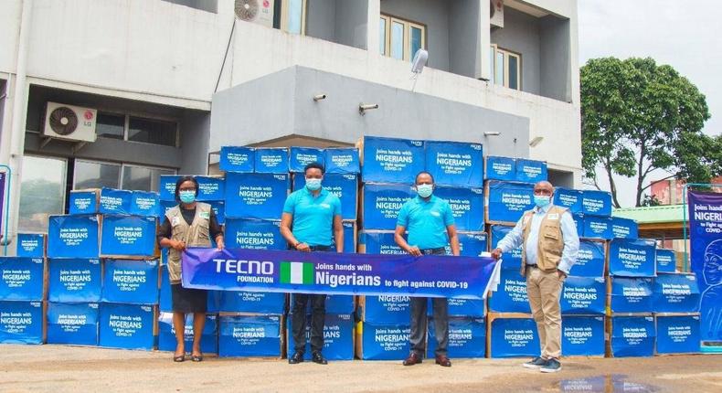 From the left: Mrs Olajumoke Babatunde, Deputy Director Federal Ministry of Health & Head NCDC, Lagos, Mr. Attai Oguche, Marketing Manager, TECNO Nigeria, Mr. Chidi Okonkwo, Managing Director, TECNO Nigeria and Dr Everistus Aniaku, Team Lead EOC Establishment and National Rapid Response Team, NCDC