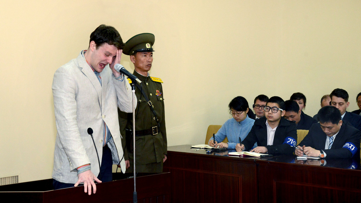 KCNA picture shows U.S. student Otto Warmbier crying at court in an undisclosed location in North Korea