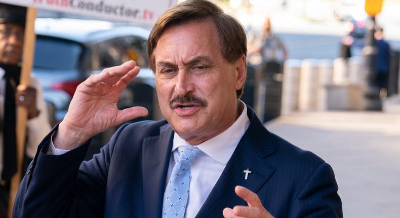 MyPillow chief executive Mike Lindell, speaks to reporters outside federal court in Washington, Thursday, June 24, 2021.
