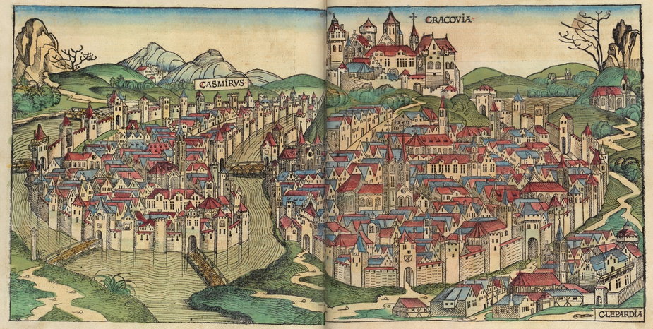 Widok na Kraków, Kazimierz i Kleparz w 1493 roku. Widoczna mosty na Wiśle