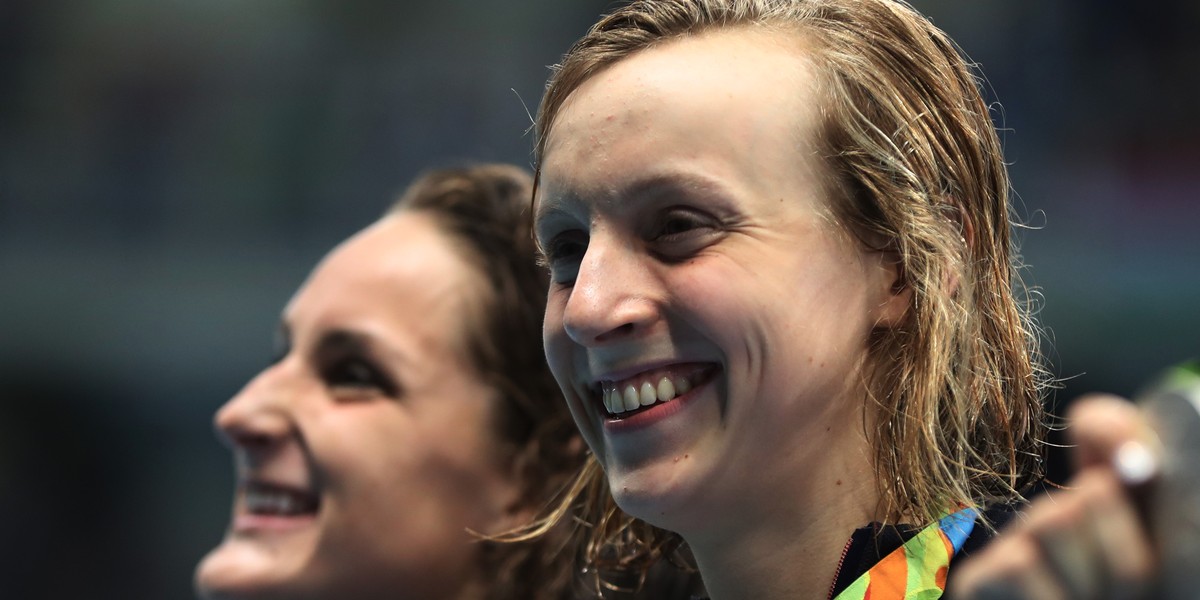 Katie Ledecky with her gold medal from the women's 400-meter freestyle.