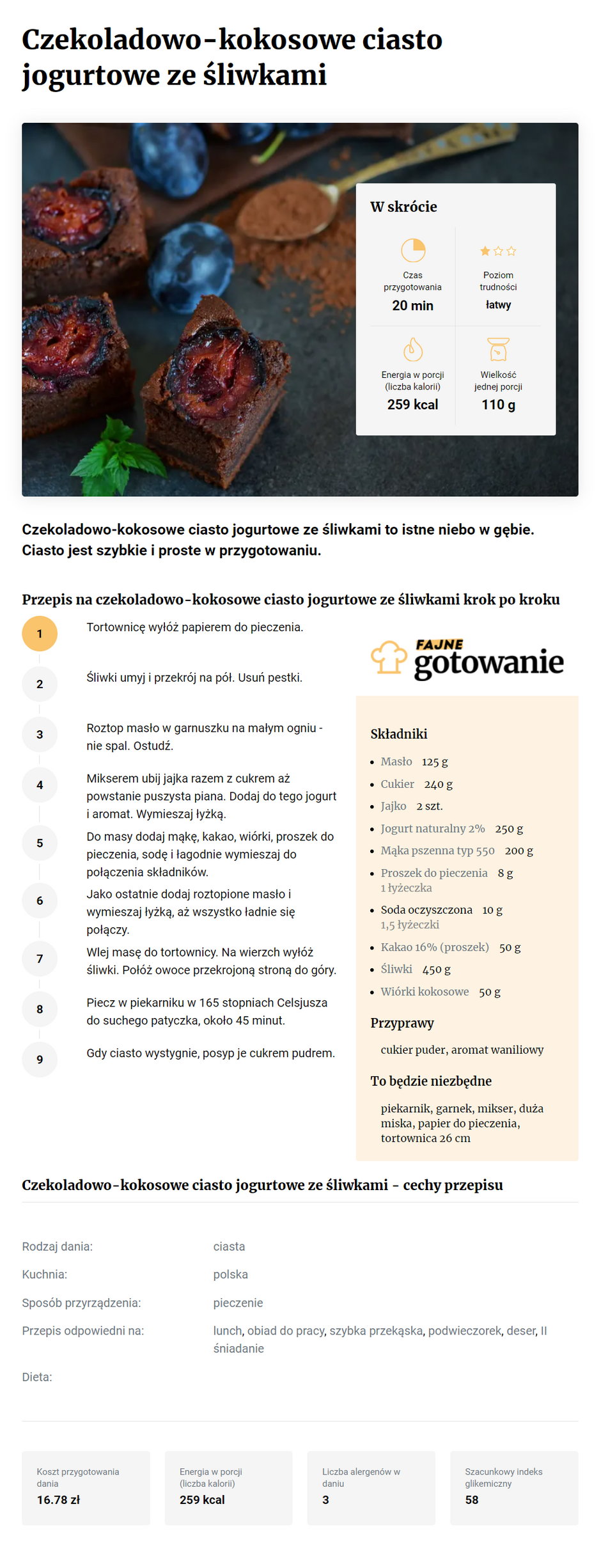 Czekoladowo-kokosowe ciasto jogurtowe ze śliwkami