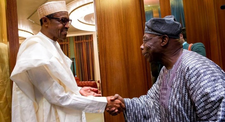 President Muhammadu Buhari meets with former president, Olusegun Obasanjo in Abuja on April 7, 2016