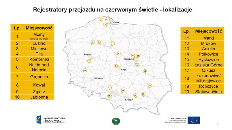 Mapa rozmieszczenia rejestratorów przejazdu na czerwonym świetle