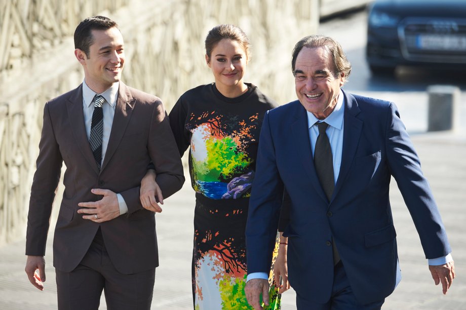 Joseph Gordon-Levitt, actress Shailene Woodley and director Oliver Stone (R) attend the 'Snowden' photocall during the 64th San Sebastian International Film Festival at the Kursaal Palace on September 22, 2016 in San Sebastian, Spain.