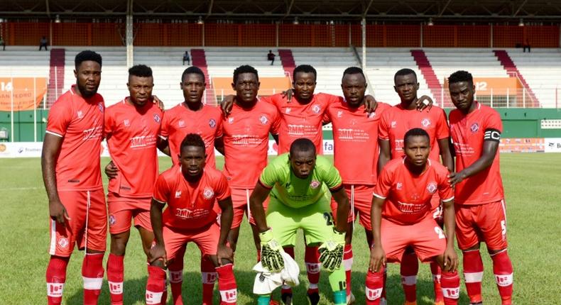 The Nkana FC of Zambia team pose before drawing away to San Pedro FC of the Ivory Coast and securing a place in the group phase of the 2018/2019 CAF Confederation Cup.