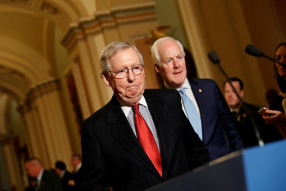 Senate Majority Leader Mitch McConnell and Sen. John Cornyn arriving to speak with reporters following the party luncheons on Capitol Hill on Tuesday.