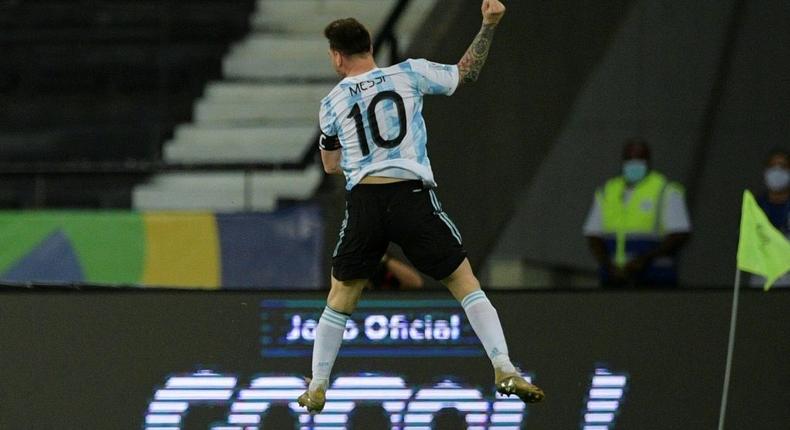 Lionel Messi celebrates his goal against Chile in the first Group A match of the Copa America June 14, 2021 at the Nilton Santos Olympic Stadium in Rio de Janeiro Creator: CARL DE SOUZA