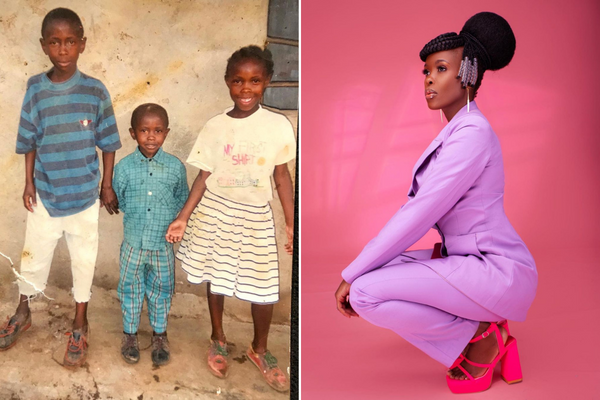 A TbT photo of Jacky Vickie and his brothers and a recent photo of her