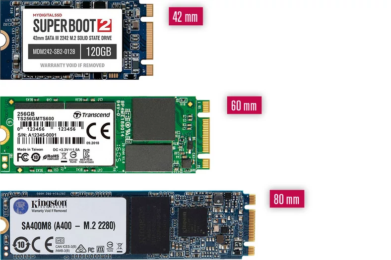 Standard M.2 pozwala budować napędy o szerokości 12, 16, 22 i 30 milimetrów. Ich długości mogą wynosić 16, 26, 30, 38, 42, 60, 80 albo 110 mm. Aktualnie większość M.2 SSD ma 22 milimetry szerokości i 80 mm długości – tak jak modele tutaj przetestowane. Licznie reprezentowane są też zajmujące mniej miejs­ca modele o długości 42 i 60 mm