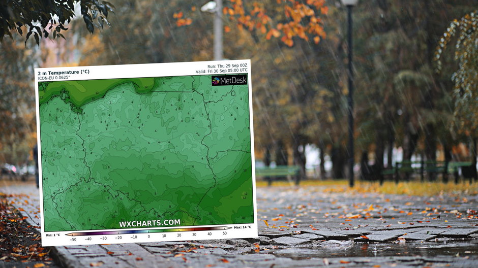 Czwartek będzie zimny, a w części kraju także deszczowy (mapa: wxcharts.com)