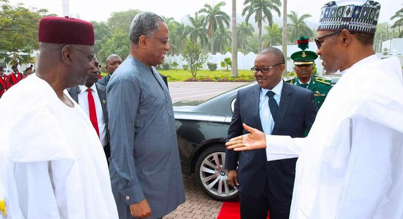 In the photo: President Muhammadu Buhari; Chief of Staff to the President, Mallam Abba Kyari; the Minister of Foreign Affairs, Geoffrey Onyeama; and Umaro Sissoco Embalo, President of the Republic of Guinea-Bissau . [Twitter/@GeoffreyOnyeama]