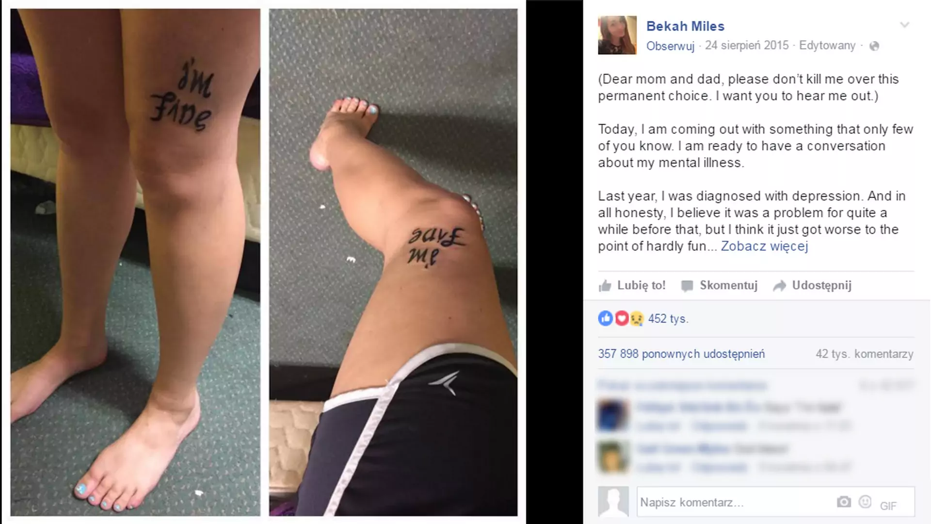 Dwuznaczny tatuaż młodej Amerykanki odsłania brutalną prawdę o depresji