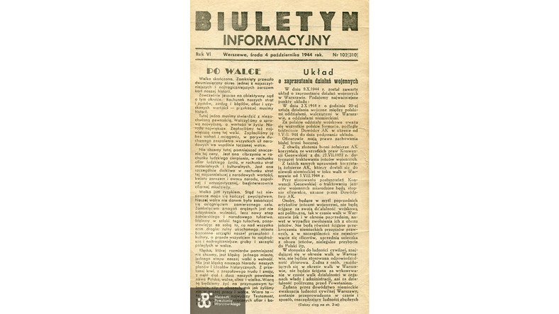 Pierwsza strona powstańczego „Biuletynu Informacyjnego” z informacją o podpisaniu porozumienia z Niemcami