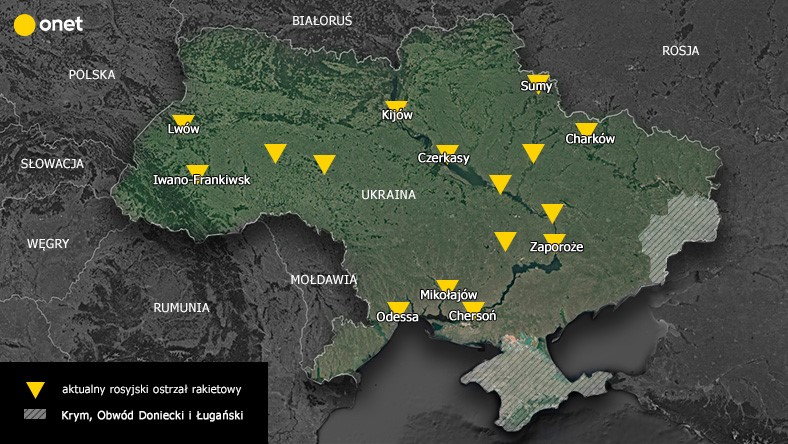 Mapa ukraińskich miast ostrzelanych przez Rosję 23 listopada 