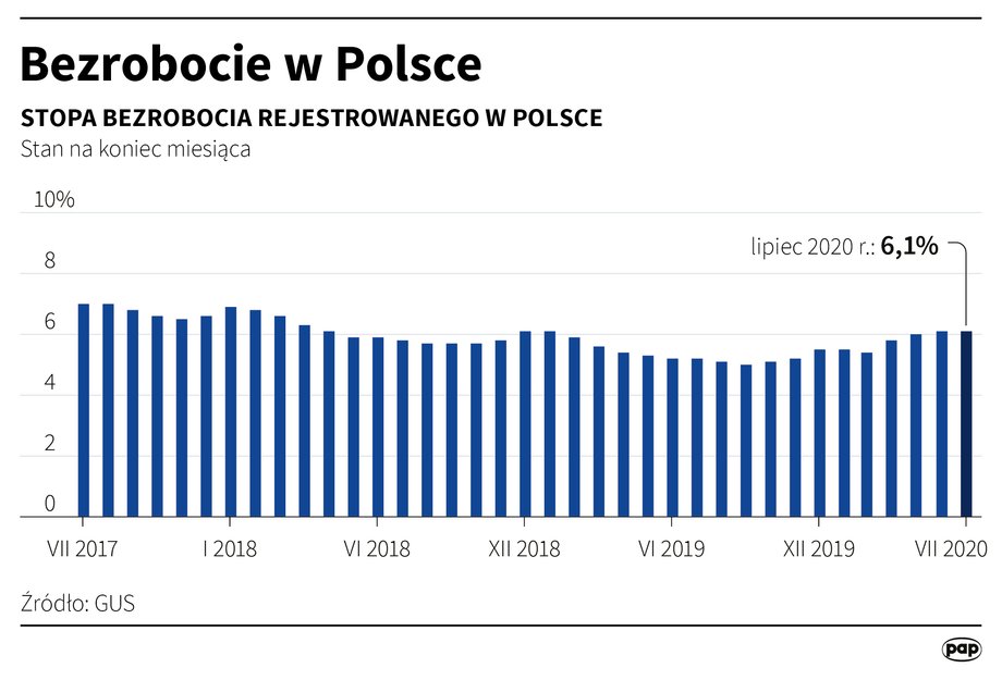 Stopa bezrobocia w lipcu 2020 r. wyniosła 6,1 proc. - GUS